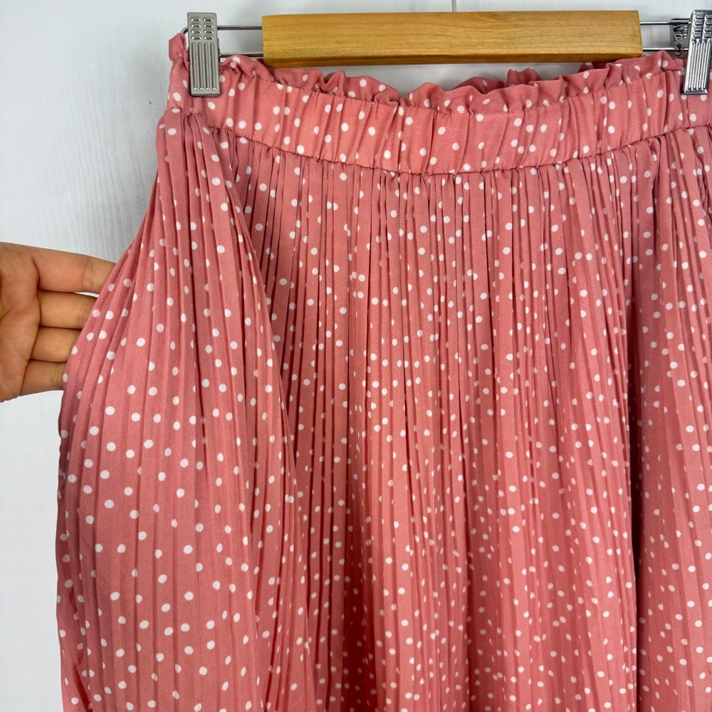 Exlura Women Pink Polka Dot Pleated Midi Skirt Elastic High Waist Pockets Size M - Picture 8 of 11